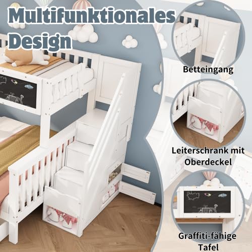 Merax Kinder-Etagenbett 90x200+140x200 cm mit Tafel, Schubladen, Treppe und Sicherheitsgeländer, Multifunktionales Hochbett, Weiß, Massivholz