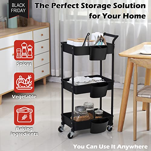 Hamone 3-Tier Utility Rolling Cart,Mobile Utility Cart With Lockable Caster Wheels,Storage Shelves Organizer Cart, 3 Hanging Baskets, Easy Assembly,For Bathroom, Kitchen, Office, Workshop,Black #TOP5