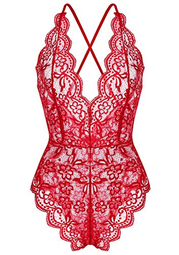 Women Lingerie One Piece Lace Teddy Bodysuit Babydoll Chemise Sleepwear Wine Red S
