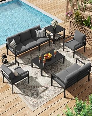 U-MAX Aluminum Patio Furniture Set 7 Seats, Modern Furniture Clearance with Coffee Table & Side Table, Patio Conversation Sets with Deep Cushions for Lawn, Garden, Porch, Balcony, Dark Grey