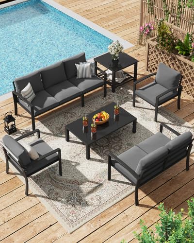 U-MAX Aluminum Patio Furniture Set 7 Seats Modern Furniture Clearance with Coffee Table & Side Table Patio Conversation Sets with Deep Cushions for Lawn Garden Porch Balcony Dark Grey