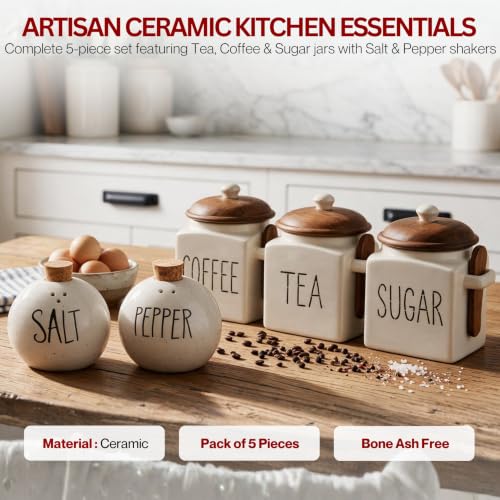 Image of Premium Kitchen Storage Set with Wooden Lids - Tea, Coffee & Sugar Jars with Salt & Pepper Shakers | Modern Kitchen Decor | Airtight Containers Combo (Set of 5)