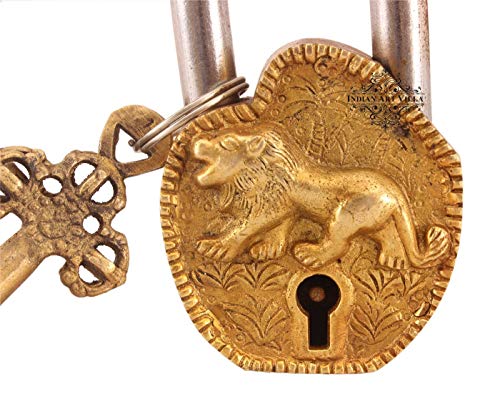 Image of Indian Art Villa Handmade Old Vintage Style Antique Lion Design Brass Security Lock with 2 Keys|Home Temple Office