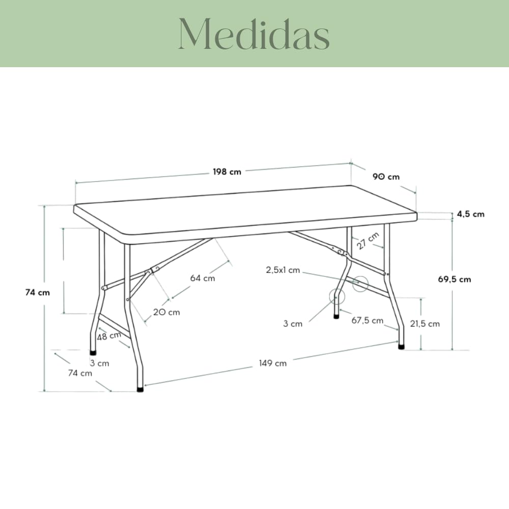 Mesa Rectangular 200 x 90 Cm con Patas Plegables de Exterior, Jardín, Catering, Hostelería y Eventos. Auxiliar para Comedor y Camping. Fácil de Transportar, Portátil y de PVC.