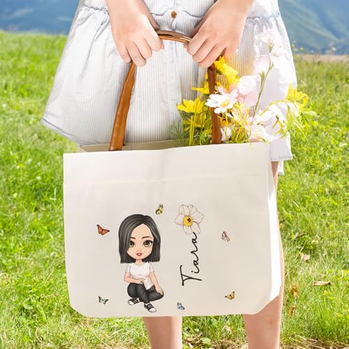 Bolso tote de lona personalizado para mujer con personaje de dibujos animados y flor de nacimiento, nombre y personaje personalizados, blanco, mediano, cierre con cremallera, para compras y viajes miniatura 2