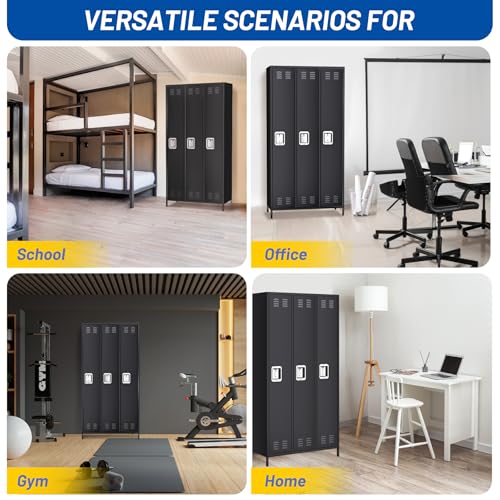 GarveeHome 3 Doors Metal Office Storage Cabinet, Metal Lockers for Employees with 9 Hooks and 3 Shelves, 72 Inch Tall Steel Storage Cabinet Locker for Home, Office, Gym, School, Black