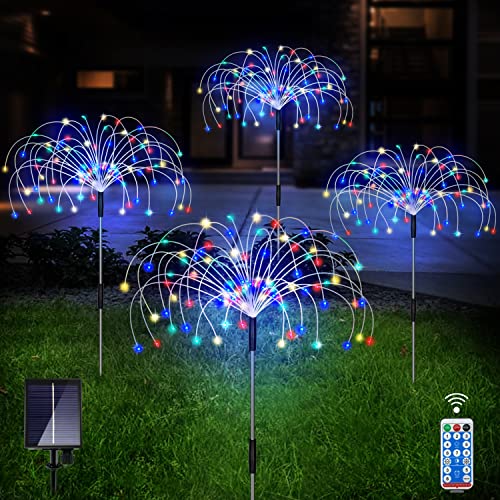 Kevsrer Solar Lights Outdoor Garden, 4 Pack 480 Led Solar Firework Lights Waterproof with Remote Control 8 Mode, Multi Colour Solar String Lights for Pathway Backyard Patio Christmas Party Wedding