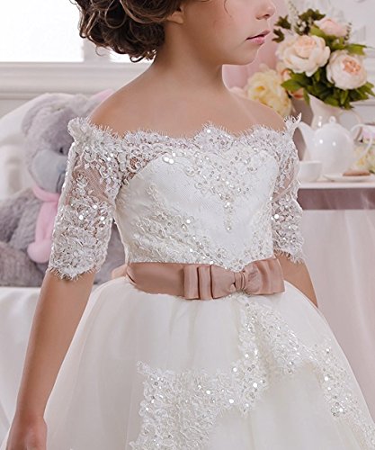 Lace Shining Flower Girls Pageant Dresses Half Sleeves Girls First Communion Ball Gowns Princess Wedding3