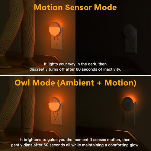 Image of YUNLEX 2 Pack Plug in Sleep Night Light with Motion Sensor and Dusk to Dawn Sensor, 3 Modes, Soft Glow, Stepless Dimming, LED Lights for Bedroom, Sleep, Baby Nursery, Kids, Toddler, Home Decor (Amber)