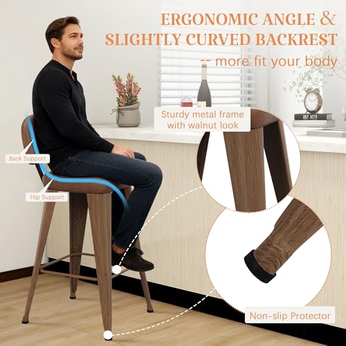 Image of Yongchuang 24 inch Bar Stools with Backs Set of 2 Modern PU Leather Counter Height Stools Upholstered Metal Kitchen Island Bar Chairs Walnut Brown