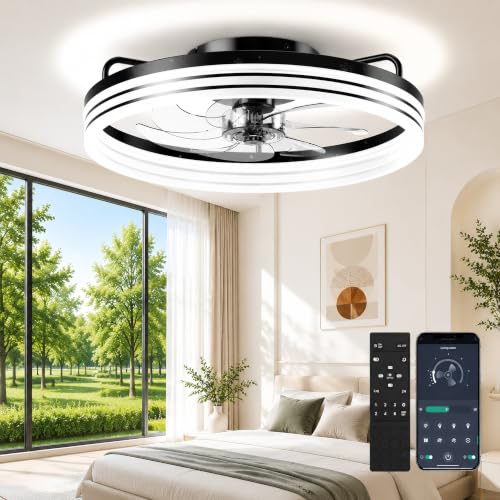 Image of Ceiling Fans with Lights and Remote, 20 inch Low Profile Flush Mount Ceiling Fan with 7 Blades, 6 Speeds, 3CCT Dimmable LED Fan Light (3000K-6500K), Modern Fandelier Ceiling Fans for Bedroom