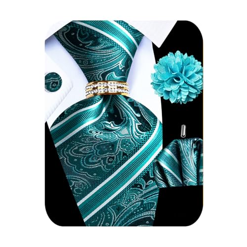 Image of 5PCS Mens Silk Designer Tie, Pocket Square, Cufflinks, Drilled Tie Ring and Lapel Pin Set for Wedding Groom Party