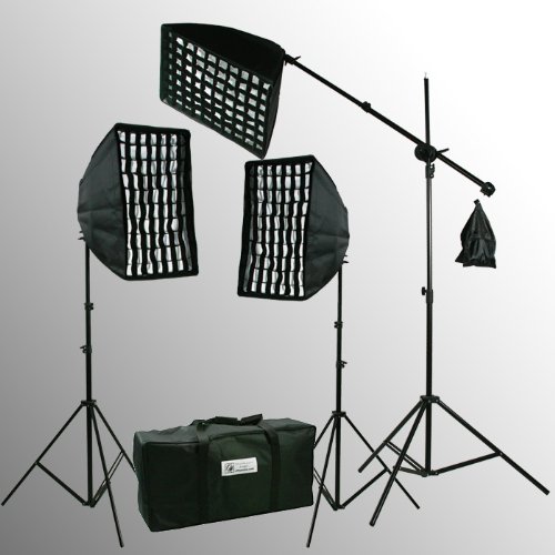 Ephoto 3 X Premium Honeycomb Softbox Photography Studio Video Lighting Kit Boom Stand Hair Light With 3 Chromakey Black, White, Green Muslin Supporting Background Stand System Case Hgd2-69Bwg #TOP1