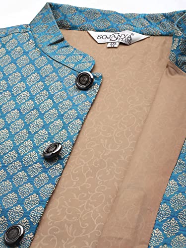 Image of SOJANYA (Since 1958) Men's Silk Blend Dark Green Kurta & Silk Blend Nehrujacket With Off White Churidar Pyjama Set