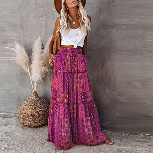 Boho Skirts for Women Trendy Casual Floral Maxi Skirt Loose Drawstring Elastic Waist Tiered Flowy Skirt A Line Skirt2