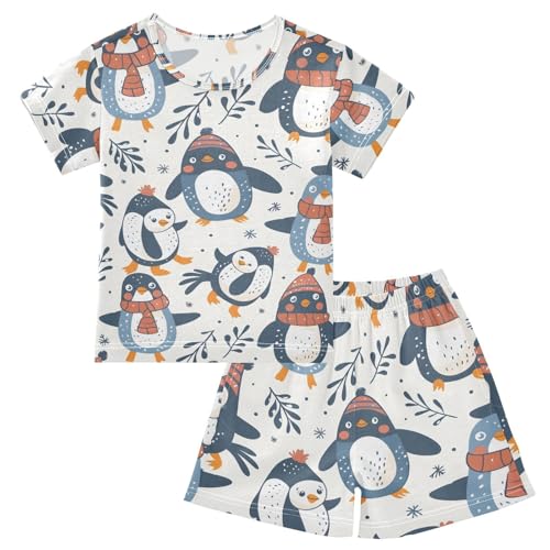 ALAZA Penguin Leaves Cartoon Pajamas Short Sleeve 2 Piece Sleepwear Top and Bottom Pajama Set Unisex