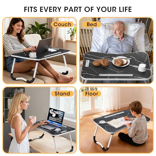 Image of Folding Lap Desk, 23.6 Inch Wood Laptop Bed Desk with Cup Holder, Portable Bed Table for Working Writing Reading & Eating for Bed, Sofa, Couch, Floor - Dark Black