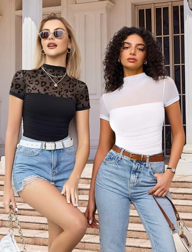 Image of Avidlove Women's Short Sleeve Bodysuit Turtle Neck Body Suits Mesh One Piece Leotard Going Out Tops Date Outfits