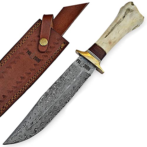 PAL 2000 KNIVES BOW-7001 Handmade Damascus Steel Fixed Blade Hunting Knife Camel Bone Handle with Sheath