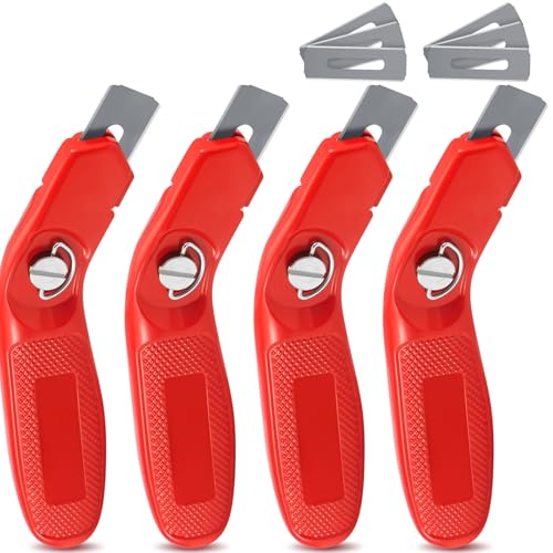 Image of Lasnten 4 Pieces 12 Blades Utility Carpet Knife Cutting Heavy Duty Carpet Knife Cutter Tools with Blades Razor Blade Knives with Protective Cap for Box Cutter Roofing Purpose, Aluminum (Red)