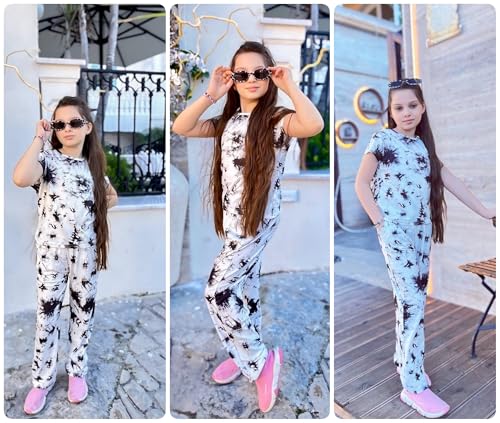 Image of Arshiner Girls Clothes 2 Piece Summer Outfits Drop Shoulder Top Pullover Sweatpants Jogger Set Sweatsuits Tracksuits 6-14Y