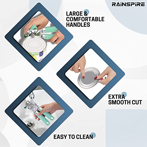 Rainspire Can Opener Manual Handheld Strong Manual Can Opener Smooth Edge Cut, Can Opener Heavy Duty, Comfortable Soft Handle, Built-in Bottle Opener, Mint Green