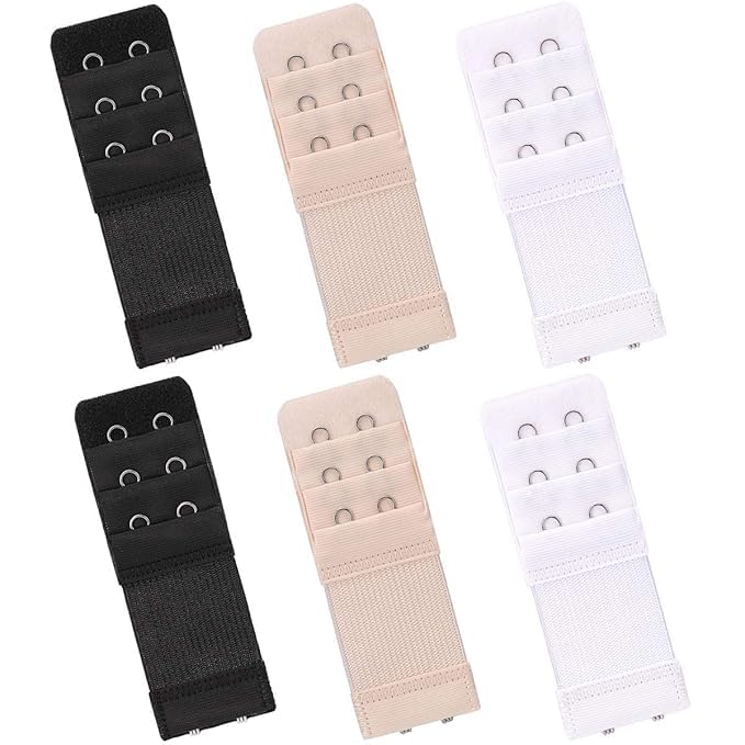 Neo Smart 2X3 Pack of 6 Pcs Women's Bra Extenders with Elastic WHITE BLACK SKIN Colours 2 Hooks 3 Rows Bra Strap Extension for Tight Bra