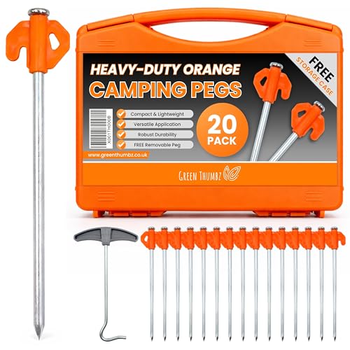 Heavy Duty Tent Pegs - 20cm x 20 Pack Orange Hard Ground Tent Pegs Camping Pegs Awning Peg for outdoors Strong Galvanized Steel with Storage Case and Peg Remover