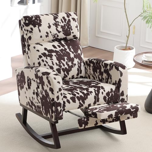 Image of HCHAIRH Rocking Chair Nursery with Foot Rest, Nursing Rocking Chairs for Mom Nursery, Rocker Glider with High Backrest for Living Room, Bedroom, Cow Printed