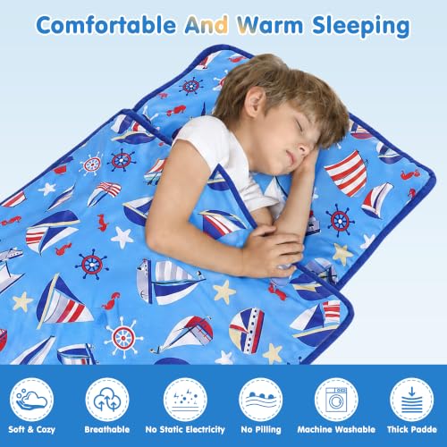 Image of Viviland Toddler Kid Nap Mat for Preschool, Boys Blue Bottomed Sailboat Slumber Bag, Daycare Sleeping Bag with Pillow and Blanket, Kindergarten Sleep Mat