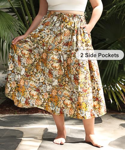 CARCOS Plus Size Skirts for Curvy Women Elastic High Waist Boho Maxi Skirt Pleated A-Line Tiered Long Skirts with Pockets2