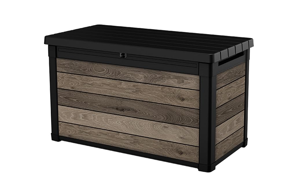 Keter Baule da Giardino Deco 100, Finitura Effetto Legno Noce, Coperchio con Pistoni, Seduta con Capacità 270 Kg, 122,​9x62,​1x70,​6H cm