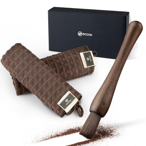 ecooe Barista Tuch + Barista Pinsel Set - 2 Magischer Barista Tücher 30 cm x 30cm und 1 Stück Vegane Kaffeebürste, Barista Zubehör für Kaffeemühle oder Siebträger, Kaffeewerkzeug für Barista