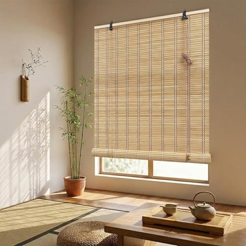 Estor Enrollable De Bambú Natural 75% Filtro Luz, Persianas Romanas De Bambú con Elevador, Transpirable Persianas Venecianas Protección Solar Y Privaciadad para Cocina(Yellowish-White,W75xH220cm)