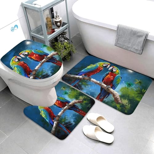 Dwrepo Parrots Print Bathroom Rug Set 3 Piece with Non-Slip U-Shaped Contour Mat and Toilet Lid Cover for Bathroom Decoration