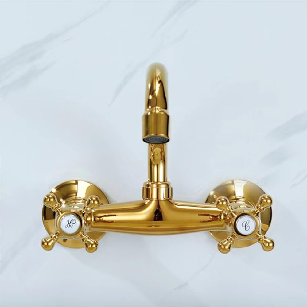 Grifo de pared para cocina (latón) | Grifo mezclador de doble mango, color dorado