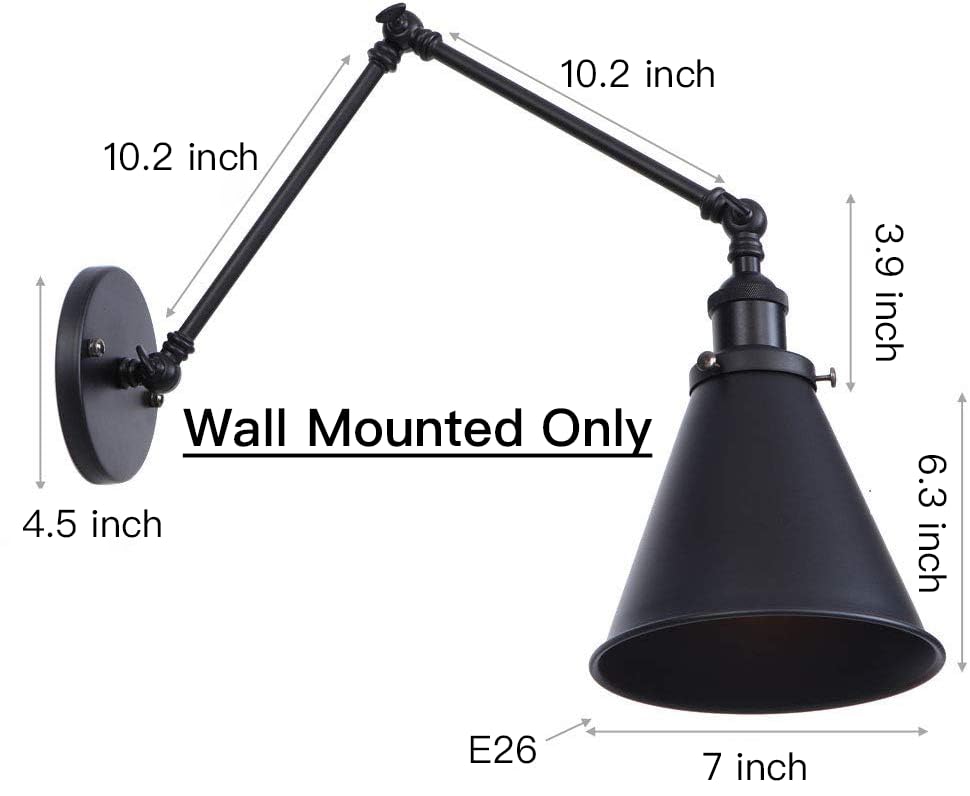 LZoahi Black Industrial Wall Sconces Wall Mounted Light Swing Arm Angle Adjustable Wall Sconce Farmhouse Style Wall Lamp Harwire Set of Two