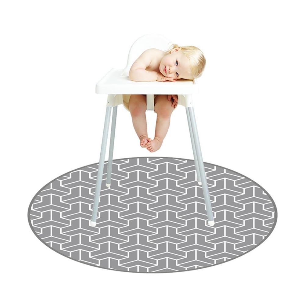 Treer Baby Splat Mat for Under High Chair, 51" Highchair Round Splash Floor Mat Waterproof Anti Slip Spill Mat Washable Weaning Mat/Messy Mat/Play Mat/Tablecloth/Picnic Mat (Gray Geometry)