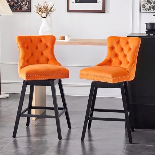 Image of Orange Swivel Bar Stools, Velvet Counter Height Bar Stool Set of 2 | 360 Swivel Bar Chairs, Solid Wood Legs, Upholstered Kitchen Island Stools, Modern Extra Wide Seat (Orange, 30 inch H, 2 Pack)