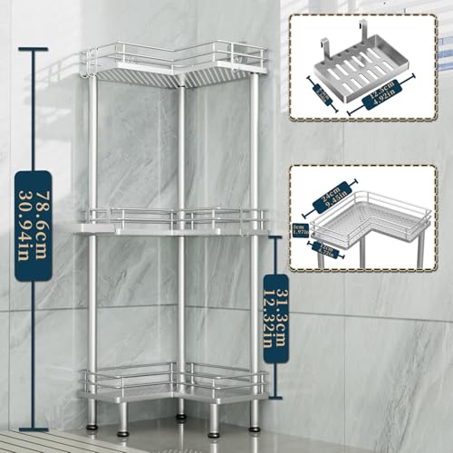 Image of Consumest Corner Shower Caddy Standing - 3-Tier Stainless Steel Shower Organizer with Soap Holder and 4 Hooks, Large Capacity Corner Shelf Stand for Bathroom, Rest Room, Silver