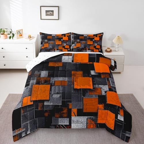 Image of Feelyou Orange Black Bedding Set Twin Size, Kids Geometric Grid Comforter Set Geometrics Comforter Abstract Art Duvet Insert Bed Set 2Pcs