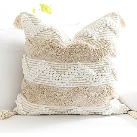 BlissBlush Boho Decorative Throw Pillow Case 20X20, Cream White Bohemian Pillow Cover, Woven Textured Pillow Cover, Modern Decor Boho Pillow for Couch, Couch Decorative Pillow, 1 Count (Pack of 1) Cover