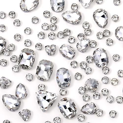 Qianyu 130 PCS White Flat Back Sew on Rhinestones Crystal Clear Mixed Shapes Glass Crystal Rhinestones with Sewing Holes Non-Stick Round Gems for Jewelry Making Costumes Clothes Garment