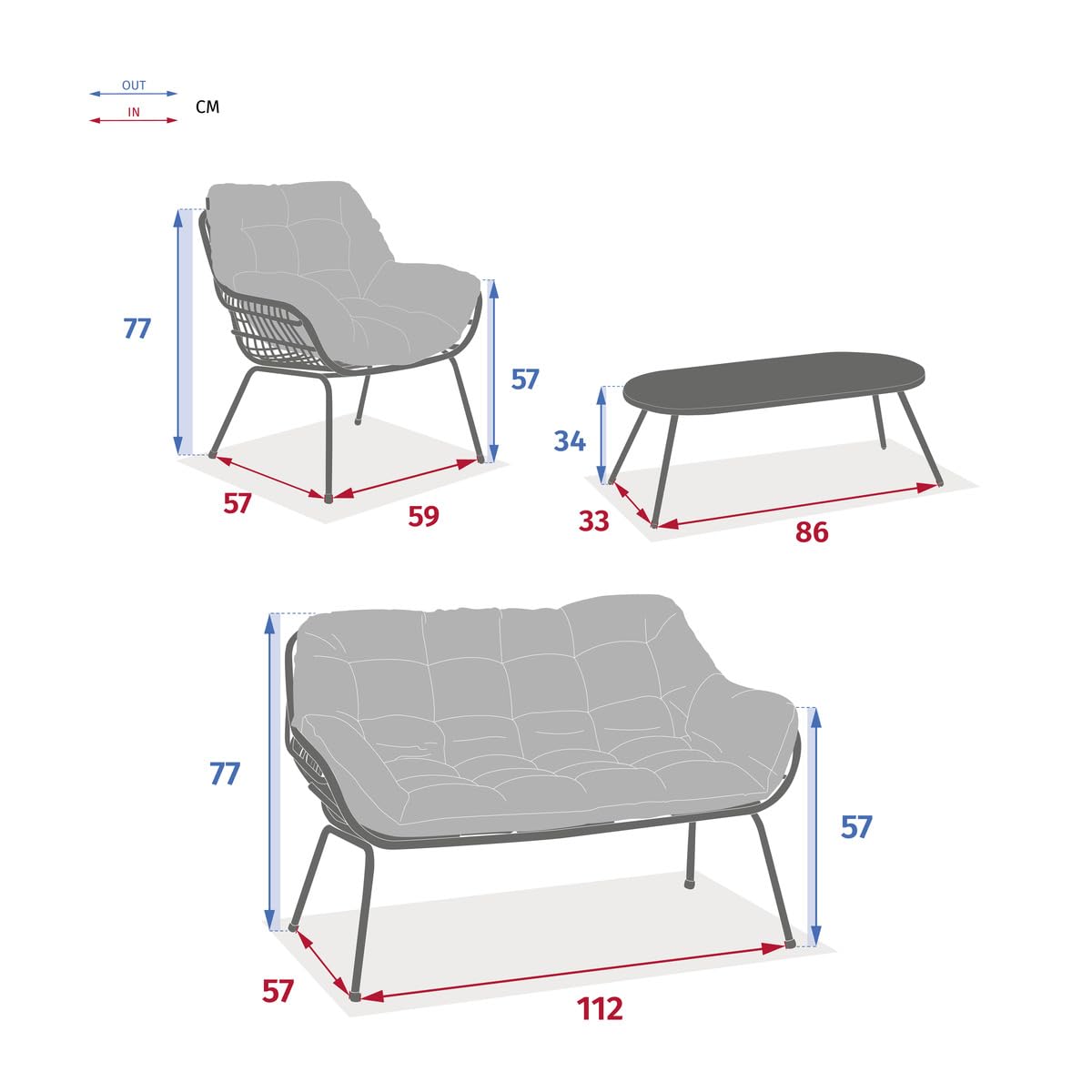 HESPERIDE - Salon de Jardin Paopao Graphite, Gris 4 Places Anti-Rouille Coussins Confortables 2 Fauteuils 1 Canapé 1 Table Basse pour Terasse, Balcon
