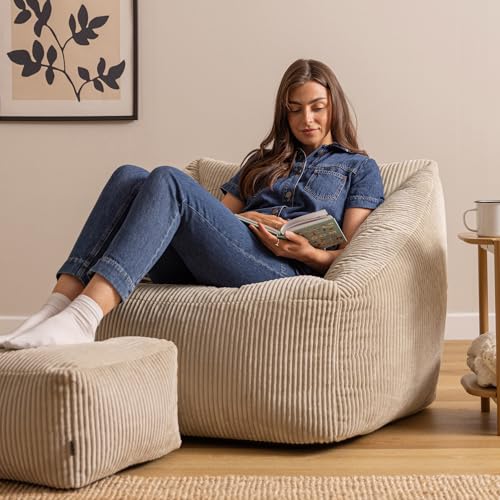 Icon Natalia Sitzsack Sessel mit Hocker für Erwachsene, Beige, Flauschiger Cord Stoff, Riesen...