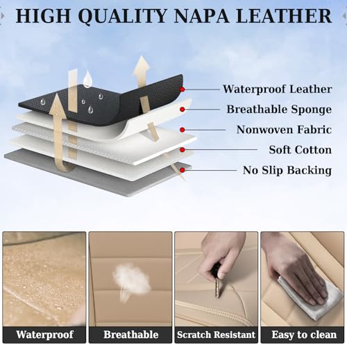 Image of Coverado Front and Back Seat Covers for Cars, Nappa Leather Car Seat Covers, Automotive Seat Covers for Trucks, 5 Seats Waterproof Carseat Protector Car Seat Cover Beige, Universal Fit for Most Cars