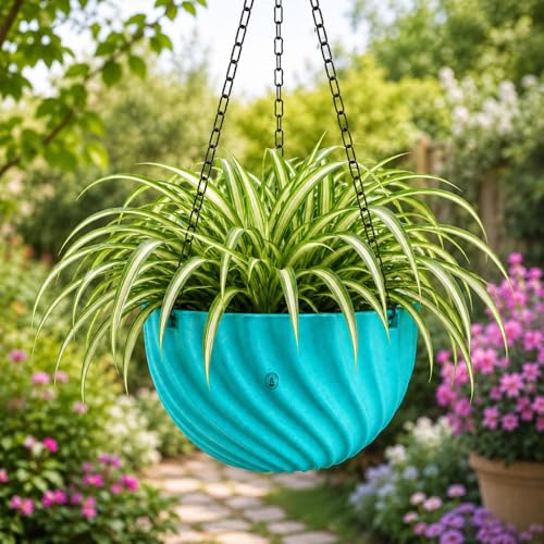 Image of Urban Upvan Hanging Planters with Chain | Uv-Protected Rattan Style Plastic Flower Pots for Balcony, Indoor Plants, Garden, Terrace & Home Decor Multicolour (Set of 5)