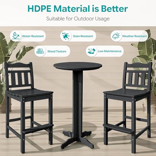 Image of Outdoor Bar Stools Set of 4, HDPE Adirondack Bar Chairs with Backs, All-Weather High Top Patio Chairs, Heavy Duty Armless Bar Height Chair for Balcony, Garden, Deck (Black, 4pcs Set)