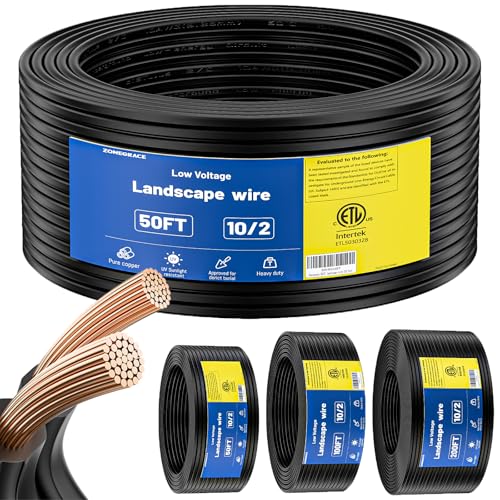ZONEGRACE 10 Gauge Landscape Wire 10/2 Low Voltage Landscape Lighting Wire 10 AWG Pure Copper Direct Burial Outdoor Cable ETL Listed Weather & UV Resistant PVC Jacket 50 FT for 12V/24V