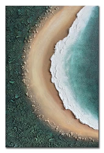 Large Abstract Beach Oil Painting, 30x45 Inch Hand-Painted Heavy Textured Wall Art Decor with Real Stones, Modern Coastal Seascape Artwork for Living Room Bedroom Bathroom Office Home Decoration